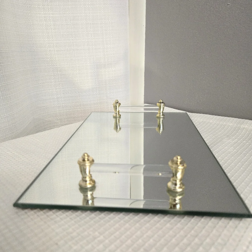 Vtg Mirrored Vanity Dresser Tray Lucite/Glass Handled Gold Accent Retro Bathroom